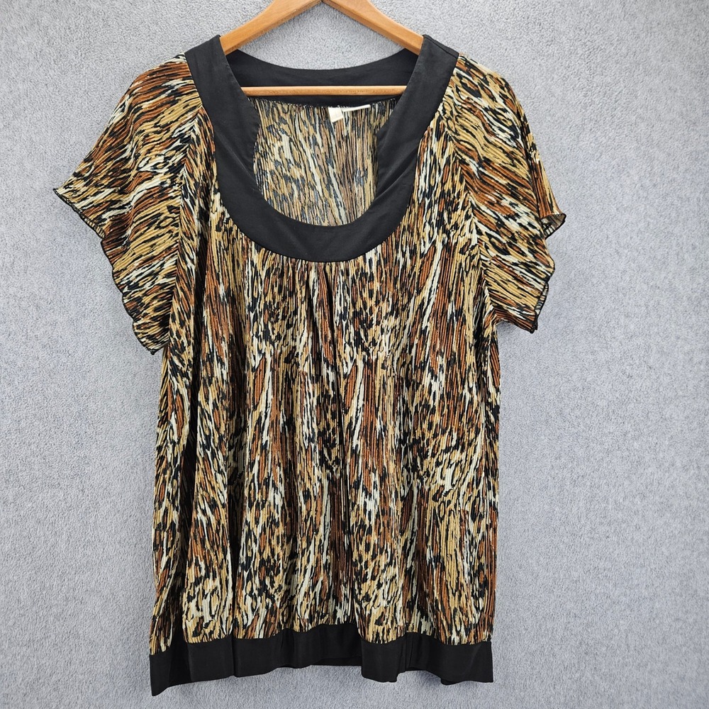 NICK & SARAH Blouse Women 1X Brown Animal Print Pleated Scoop Neck Casual Chic